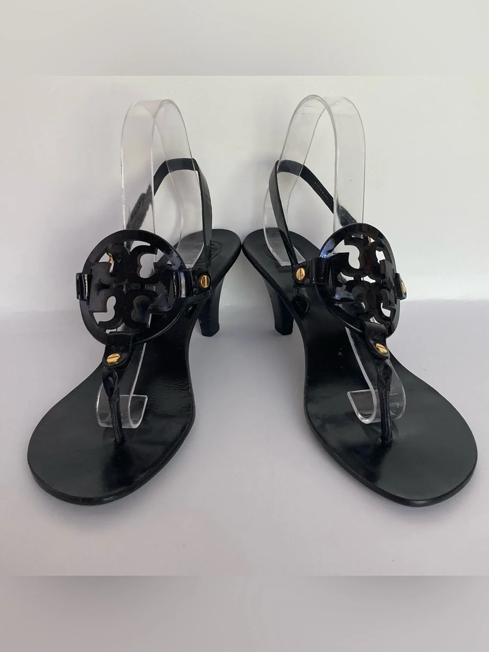 Tory Burch Miller Thong Heel Sandals Black Patent Logo Gold Accents READ